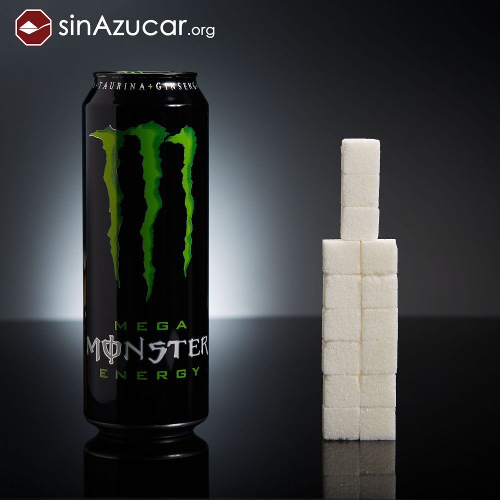 Una lata de Monster (553ml) tiene 60g de azúcar (15 terrones). ¡Cuidado! Su consumo es frecuente en adolescentes.